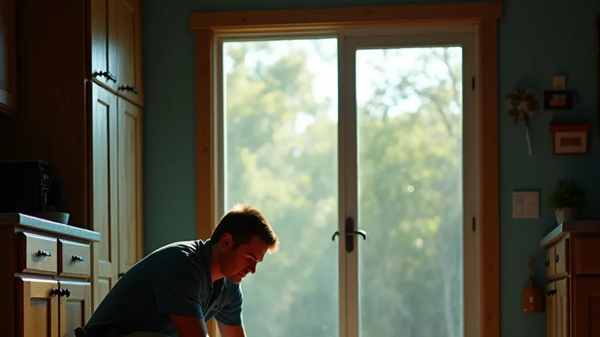 Technician taking a reading on the tile floor of a single-story slab-on-grade house