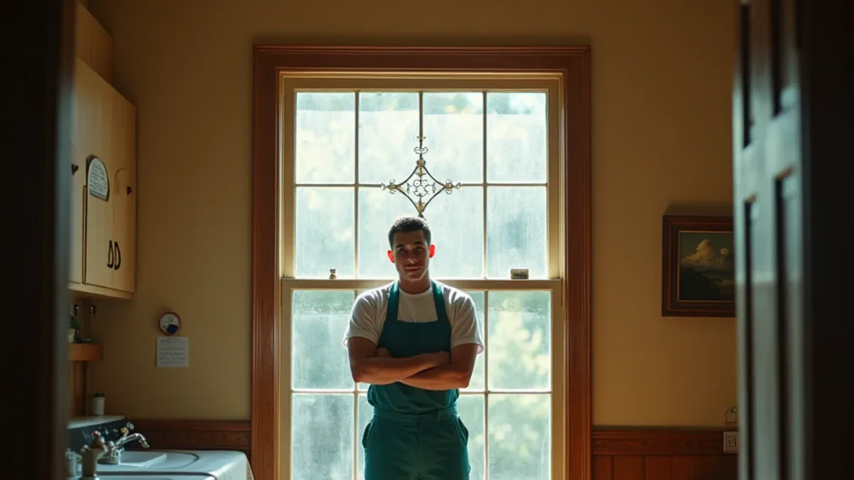 Technician standing in a 1920s Diablo interior with a leaded glass window and picture rail