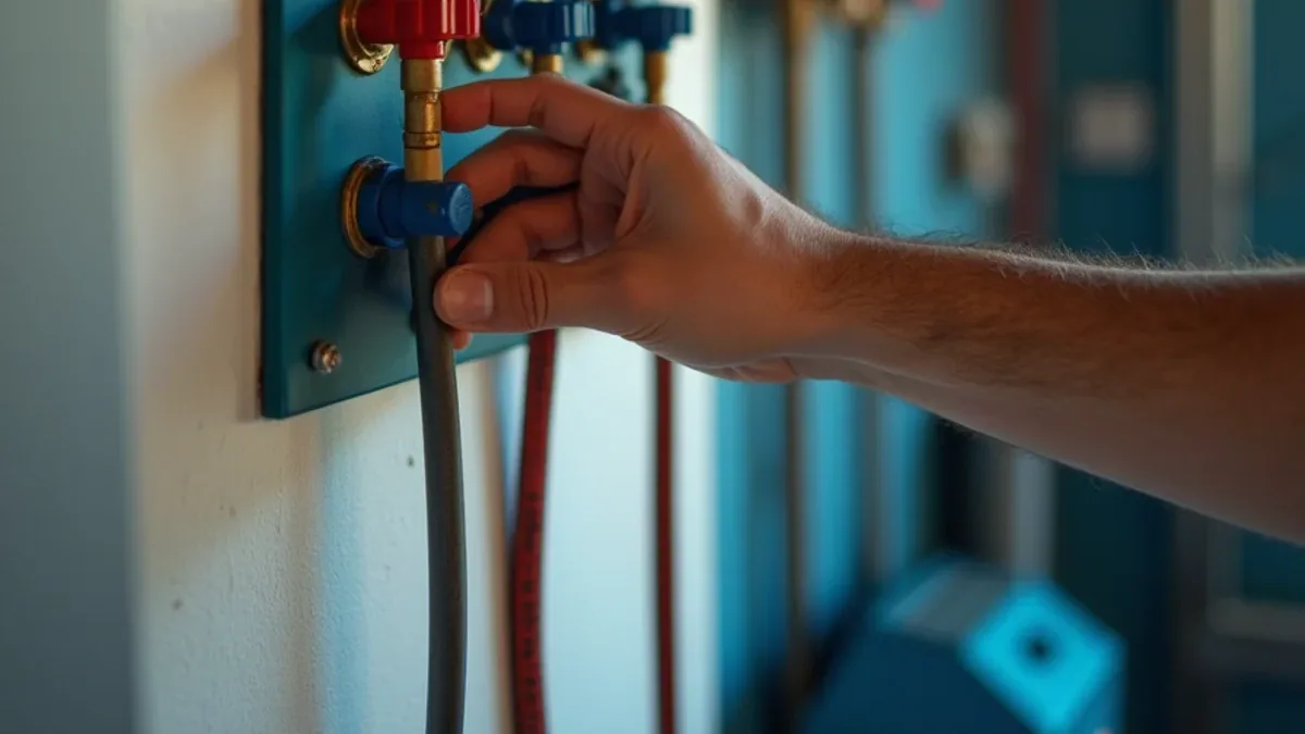 Labeled PEX manifold in a Dublin garage utility wall