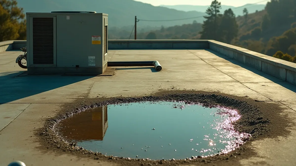 Low-slope commercial roof with ponded water beside a rooftop unit