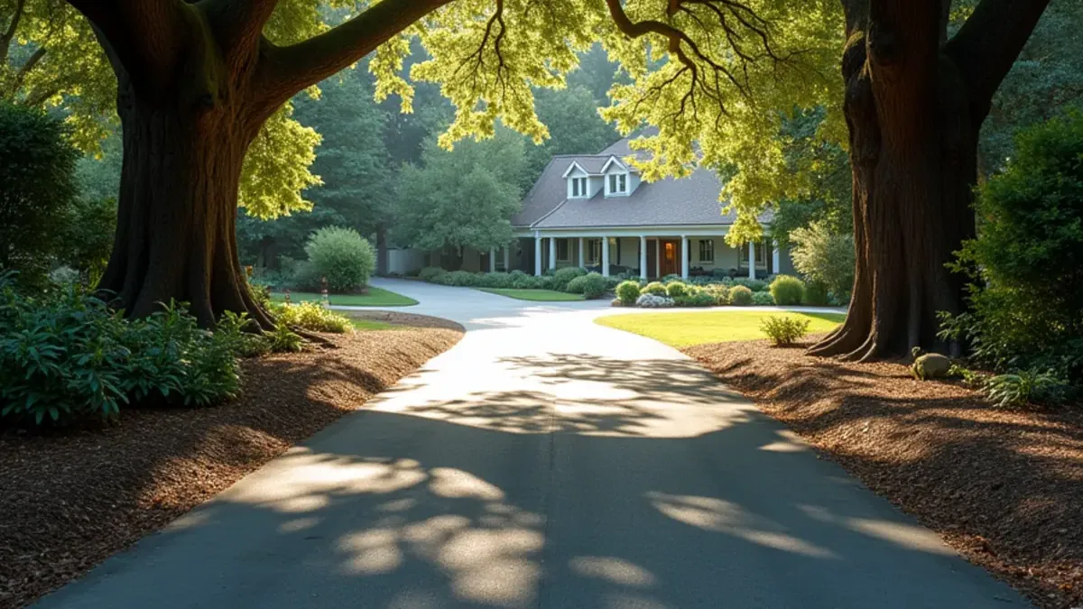 Mature coast live oaks over a long driveway on a large wooded lot