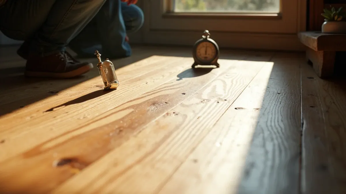 Technician crouching to sight along a solid hardwood floor with moisture gauges set on the boards