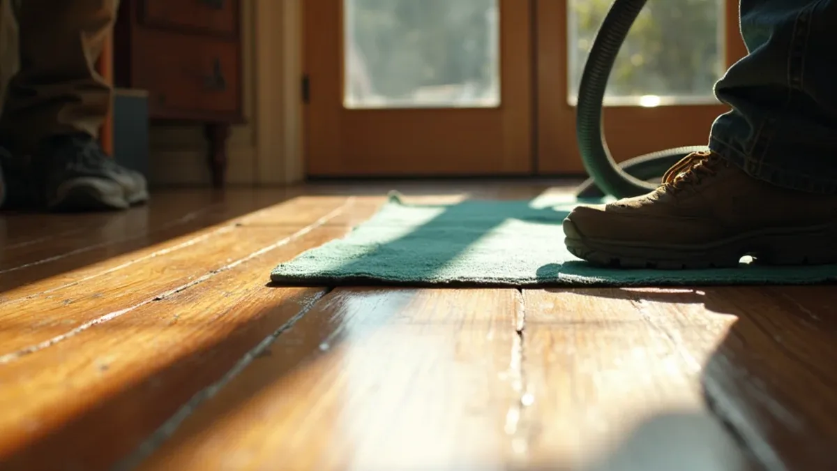 Water standing on a wide-plank hardwood floor with an extraction hose alongside