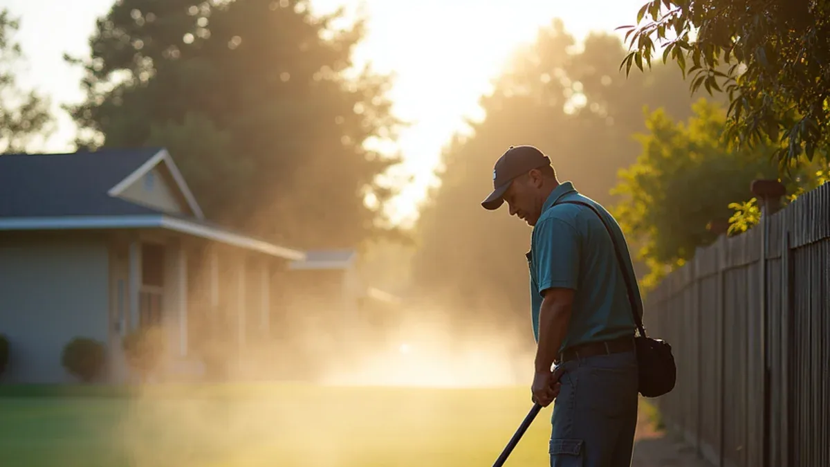 Technician sweeping a pipe locator across a lawn at the rear fence line of a country club home