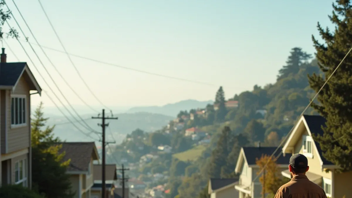 Technician on a steep Oakland Hills street of post-1991 rebuild homes