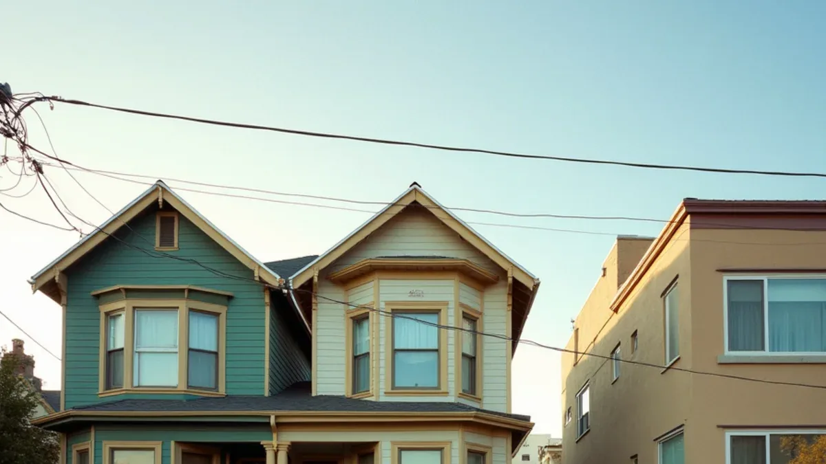 Victorian houses beside a stucco apartment building on one Oakland block