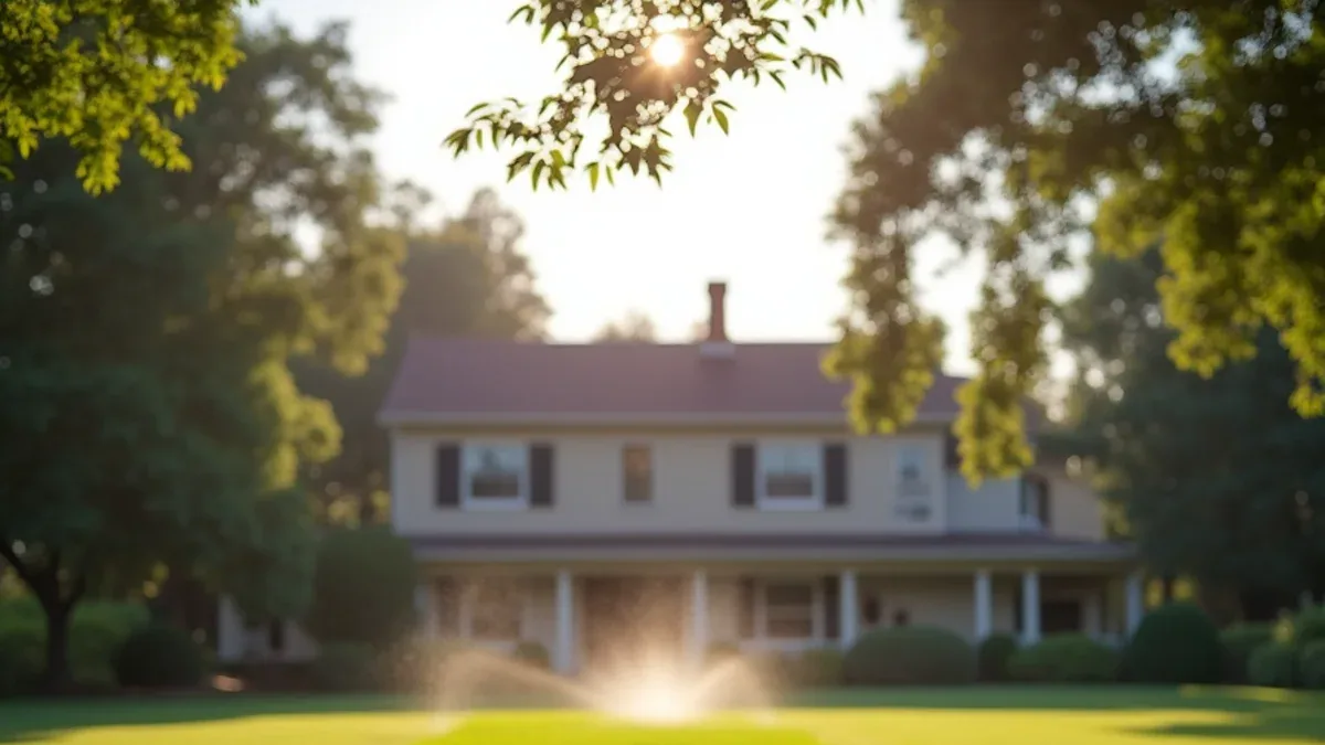 Large landscaped estate lawn with one patch noticeably greener than the rest