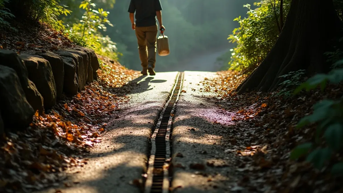 Technician walking up a steep wooded Orinda lane with a channel drain running down it