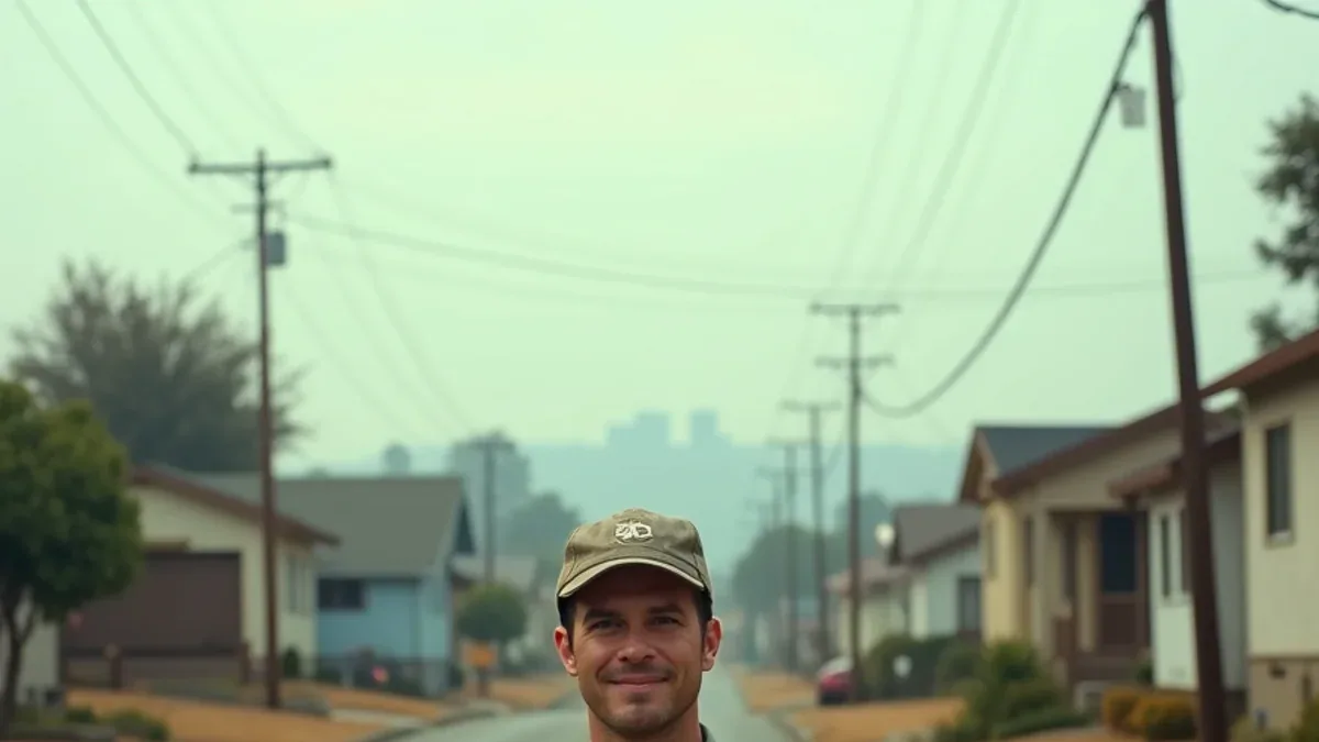 Technician on a street of older single-story Pittsburg houses under a hazy Delta sky