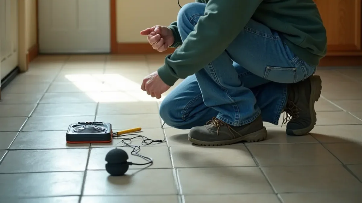 Technician kneeling with acoustic listening equipment on the tile floor of a slab-on-grade house
