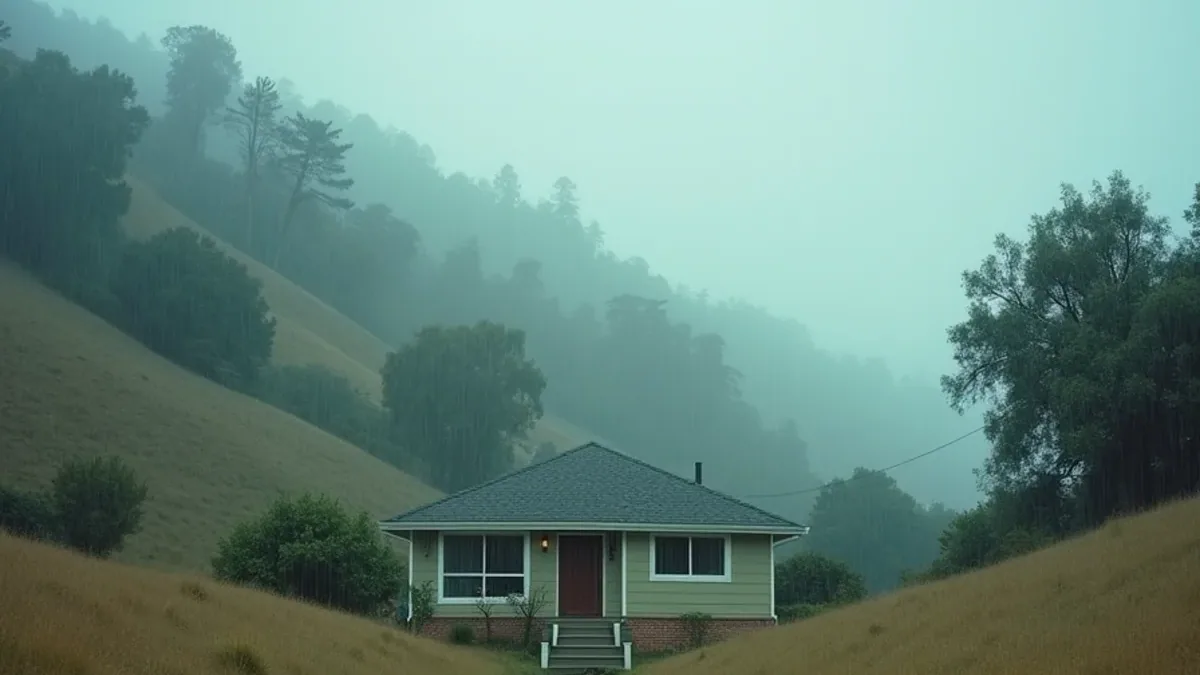 Valley-floor house with ridges rising on both sides after rain
