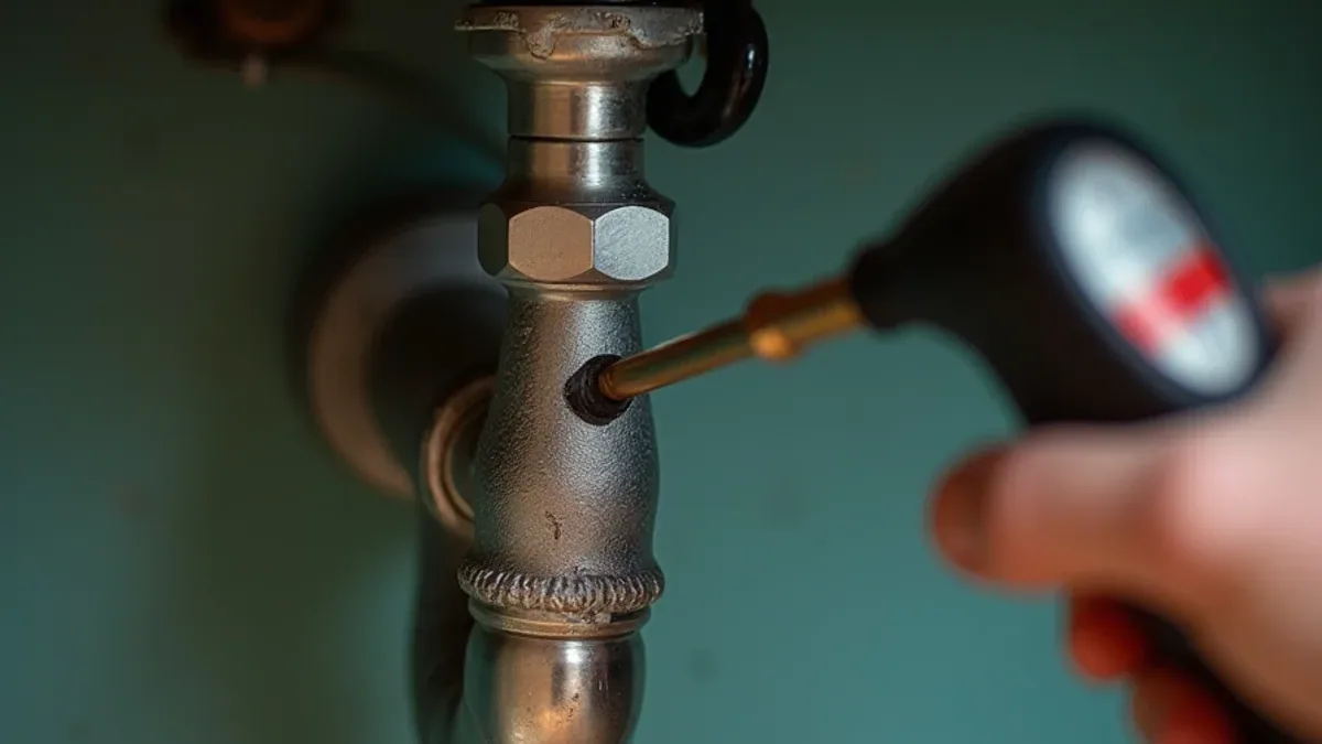 Hand holding an inspection tool against the chrome trap under a bathroom sink