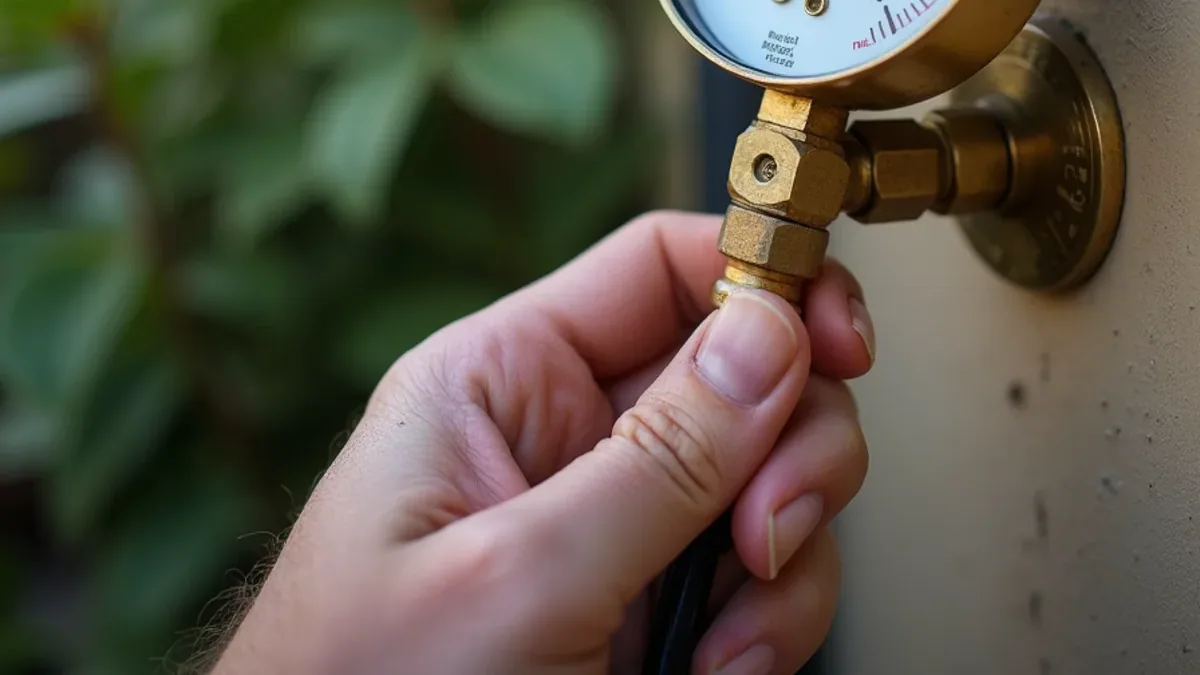 Pressure gauge screwed onto an outdoor hose bib on a house wall