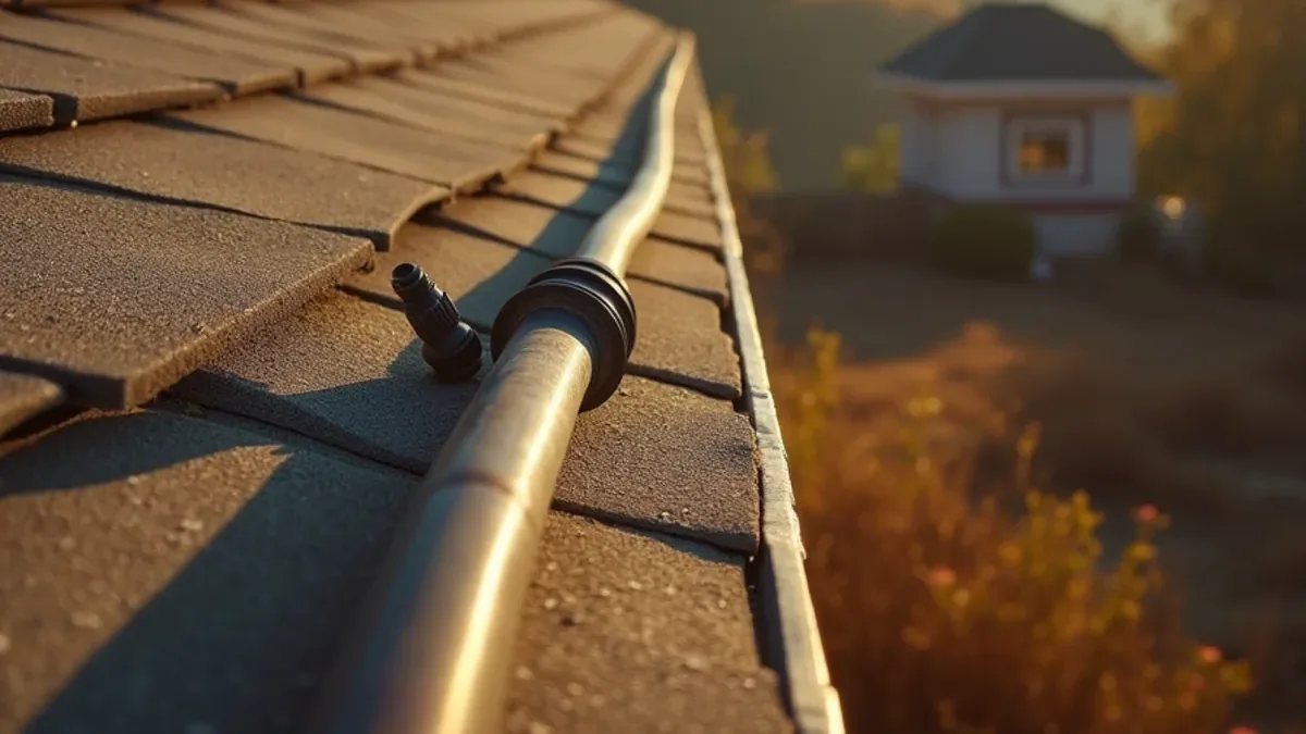 Roof-mounted defensible space sprinkler line on a house above dry hillside brush