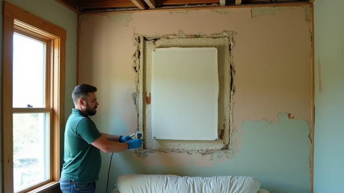 Opened drywall patch below ceiling joists stripped back after a leak, furniture sheeted over