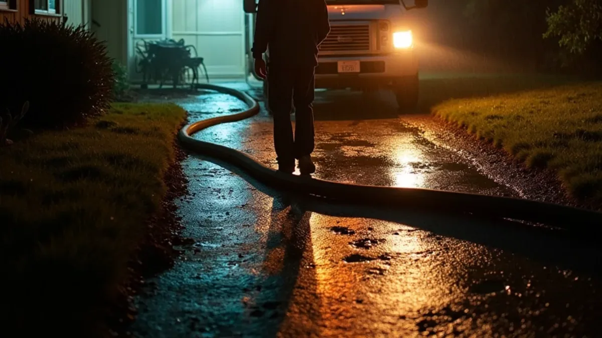 Extraction hose running from a work van to a house at night on an emergency callout