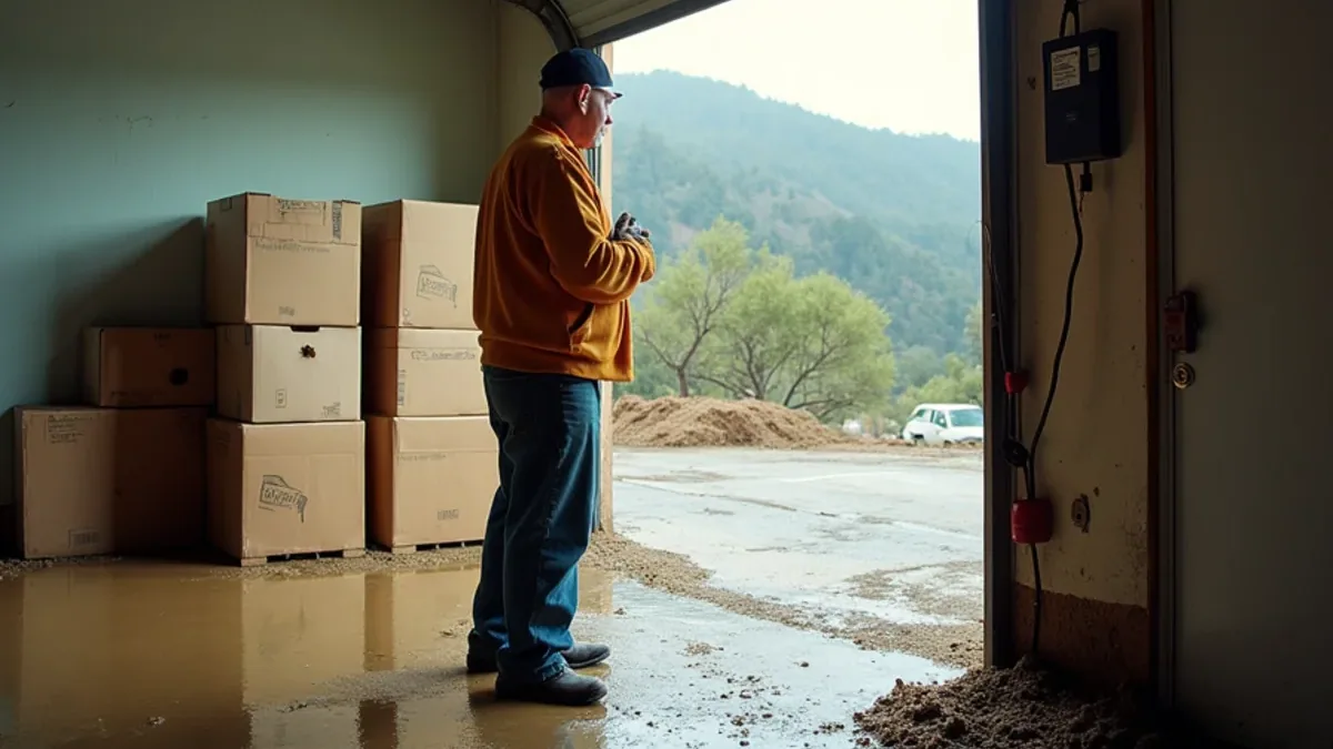 Flooded residential garage with cardboard boxes stacked on a wet slab and mud outside the open door