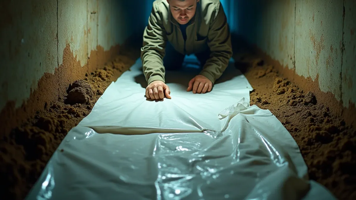 Technician smoothing a polyethylene vapor barrier across damp soil in a crawl space under work light