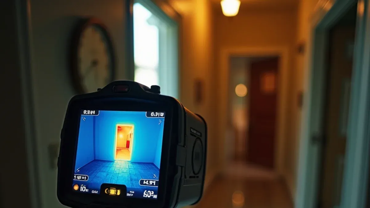 Handheld thermal imaging camera showing a bright warm plume on its screen in a tiled hallway