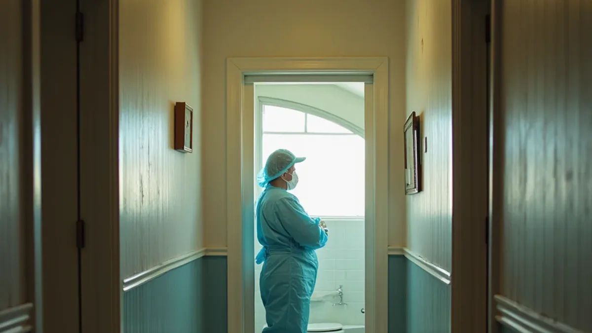 Technician in protective coveralls working in a bathroom with the hallway floor taped off outside