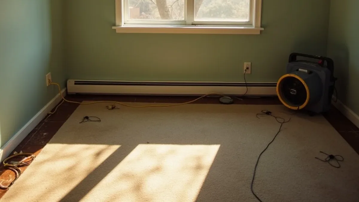 Air mover running in an emptied room with the carpet pulled back from the wall
