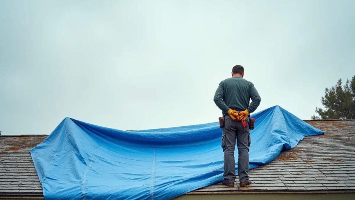 Roofer spreading an emergency tarp over a shingle roof, ladder and weighted bags below