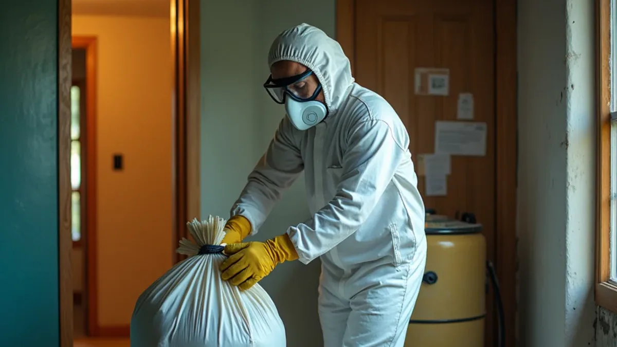 Technician in full protective equipment sealing a disposal bag of contaminated material