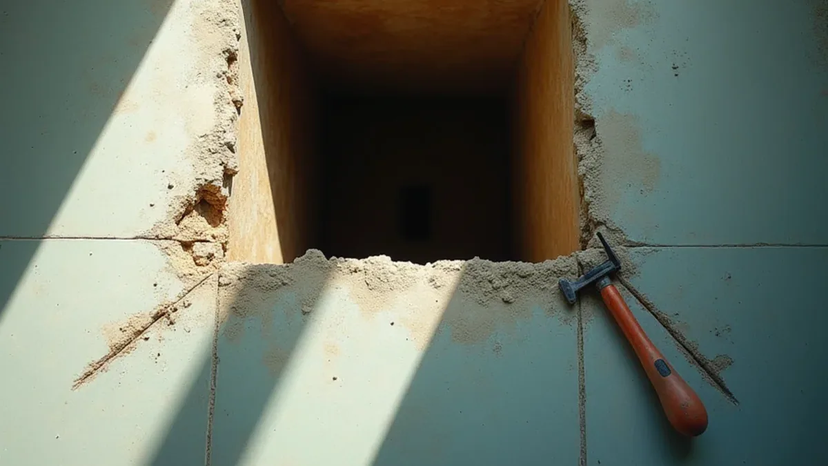 Small square opening cut through tile into a concrete slab, marked on the floor either side