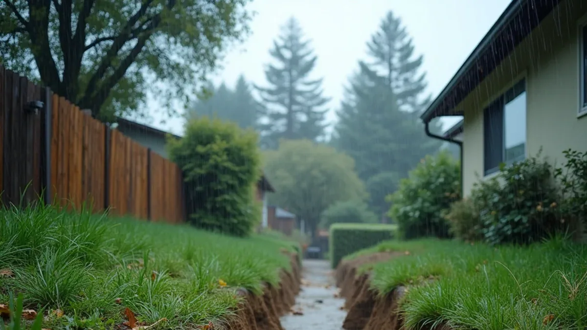 Muddy drainage trench cut across a yard toward a house after heavy rain