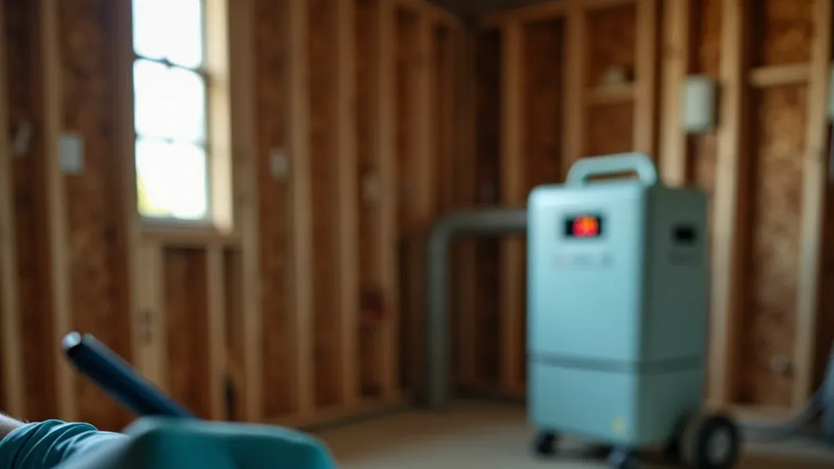 Moisture readings logged on a clipboard beside a running LGR dehumidifier