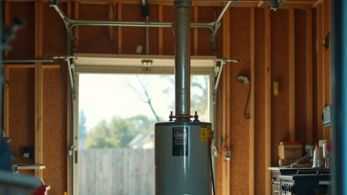 Garage water heater on a flooded slab with the wall plate opened behind it