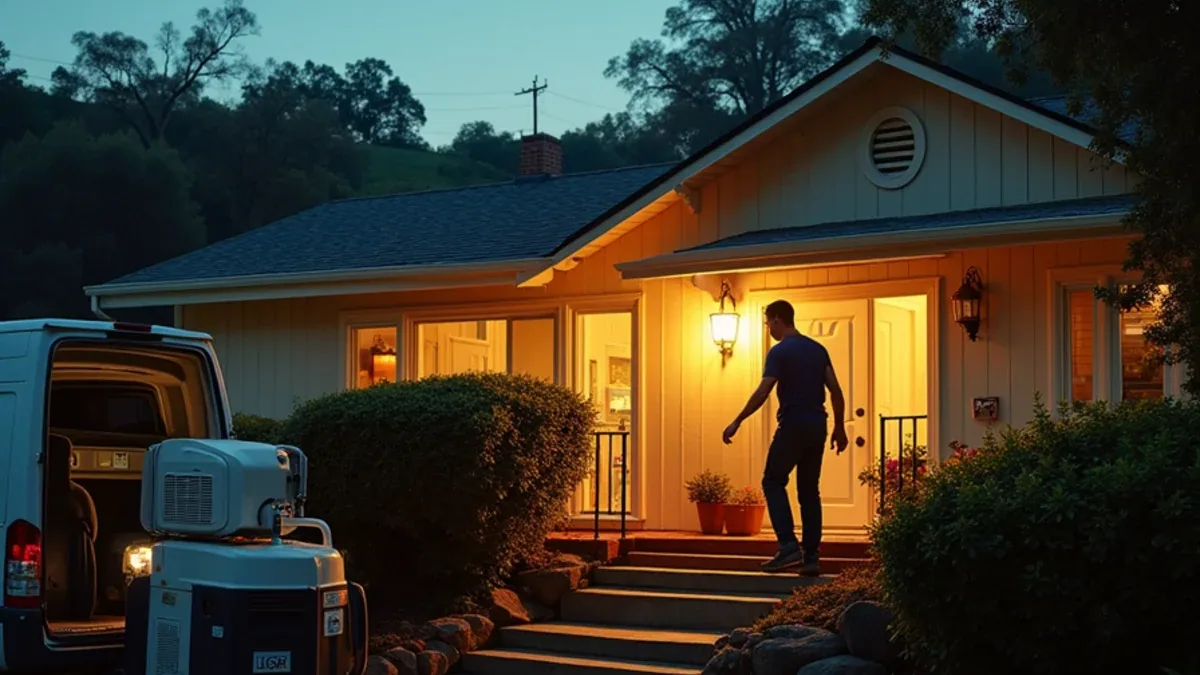 Water damage restoration crew working at a Lafayette CA hillside home at dusk