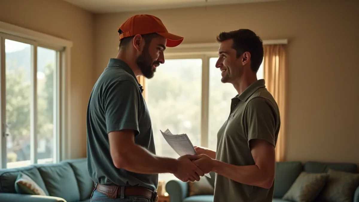 Restoration project manager handing over documentation to a homeowner at the end of a Lafayette CA job