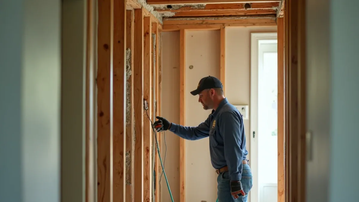 Restoration technician drying an opened wall cavity after a burst copper pipe in a Lafayette CA home
