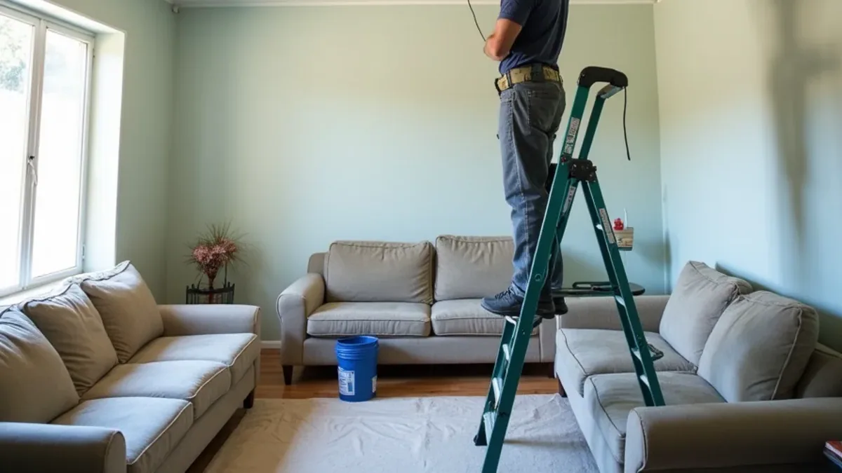 Technician inspecting a brown water stain and sagging drywall on a Lafayette CA living room ceiling
