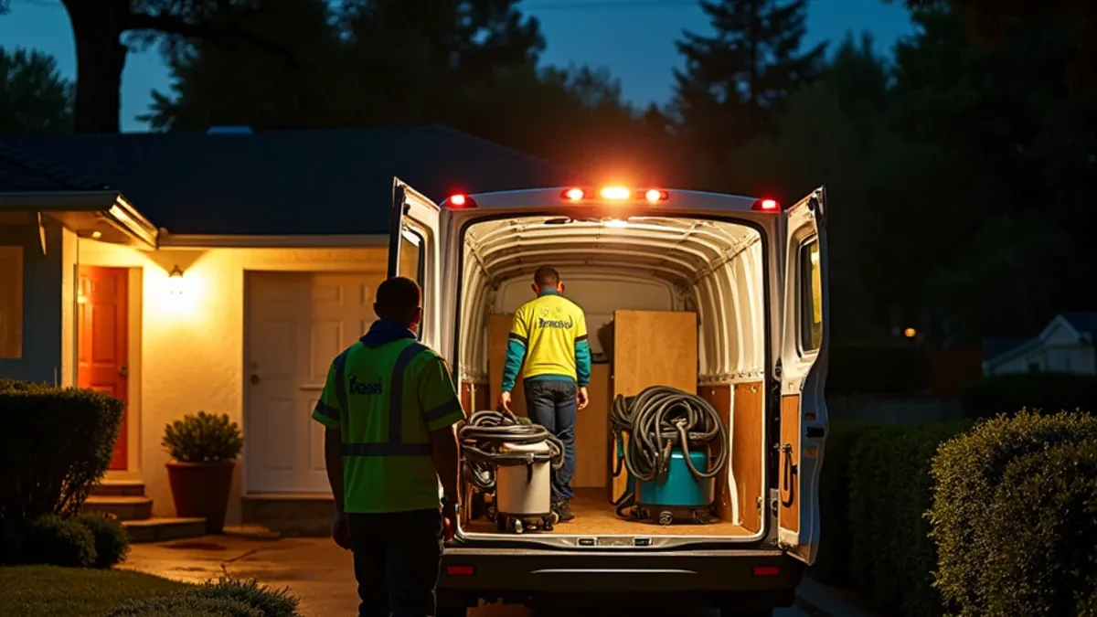 Emergency water removal crew arriving at night at a Lafayette CA home with extraction equipment