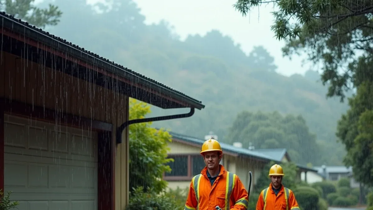 Flood cleanup crew pumping storm water from a Lafayette CA hillside home after an atmospheric river