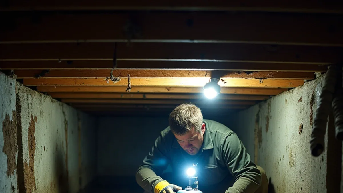 Technician with a headlamp pumping standing water from a flooded crawl space beneath a Lafayette CA hillside home