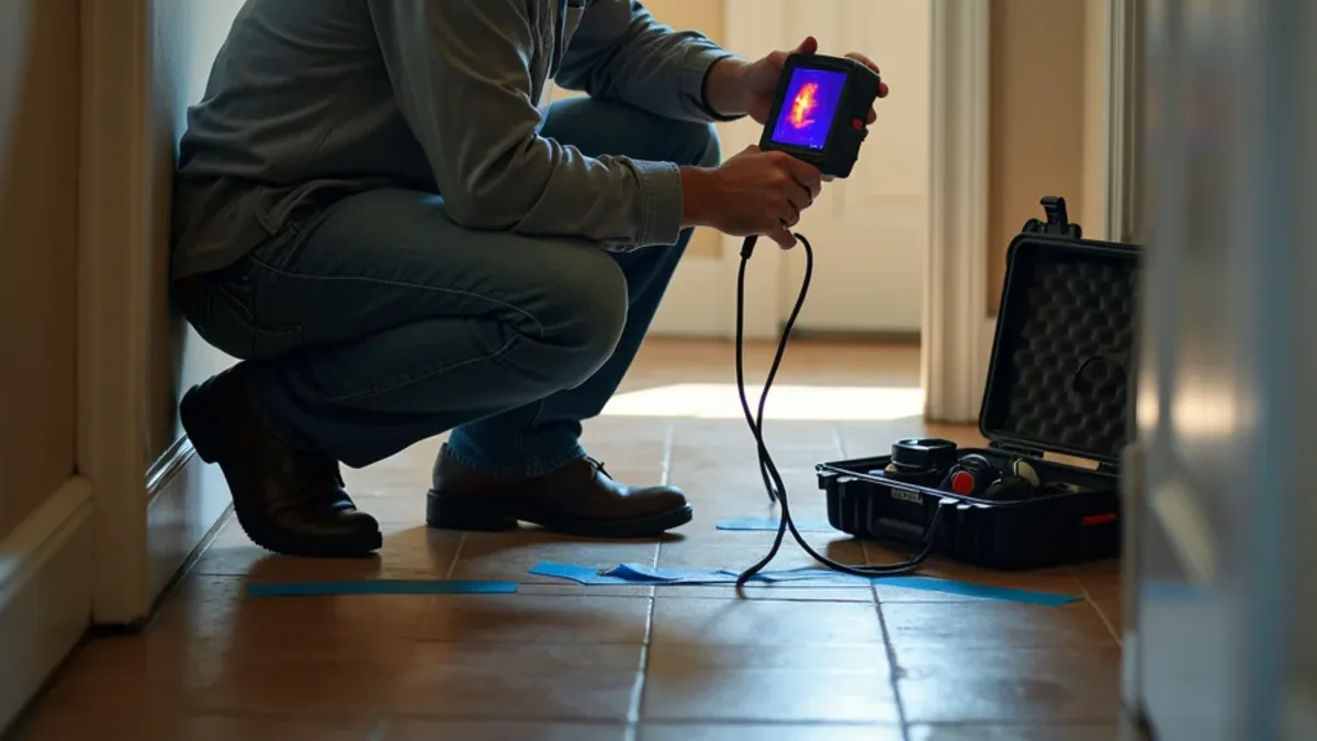 Leak detection specialist scanning a slab floor with a thermal camera in a Lafayette CA home