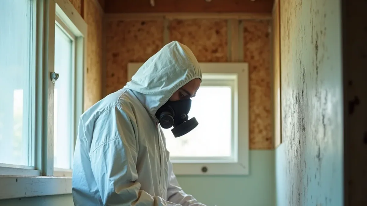 Mold remediation technician in PPE removing contaminated drywall inside containment in a Lafayette CA home