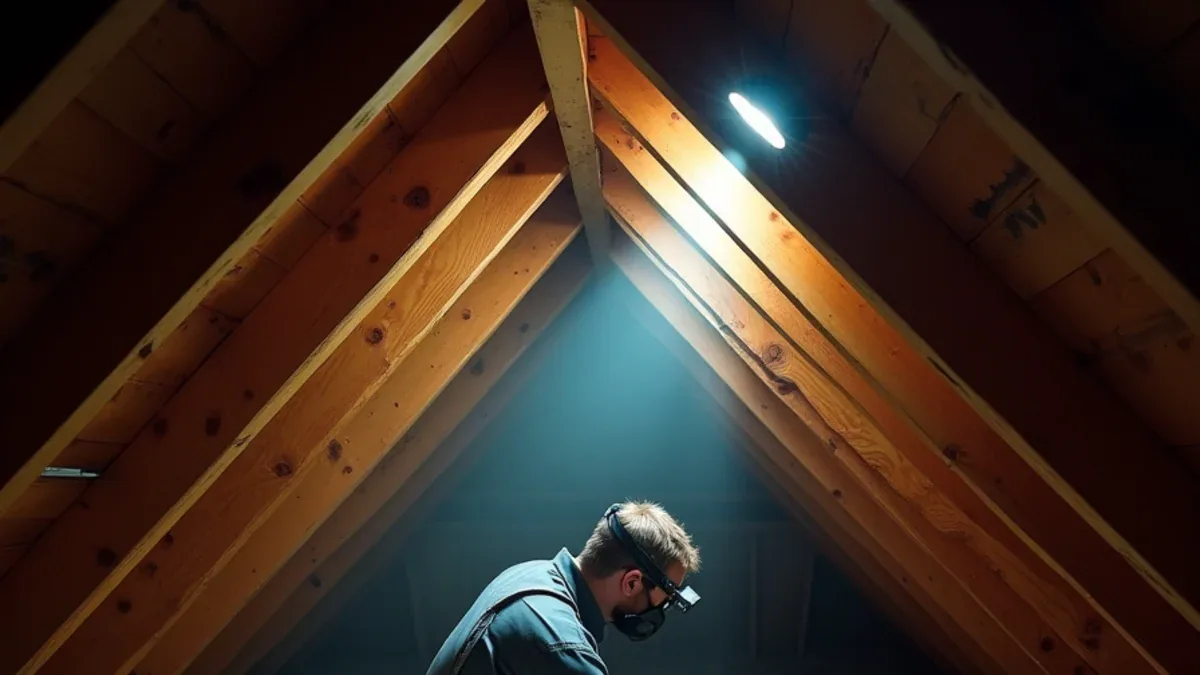 Technician inspecting wet attic sheathing and saturated insulation after a roof leak in a Lafayette CA home