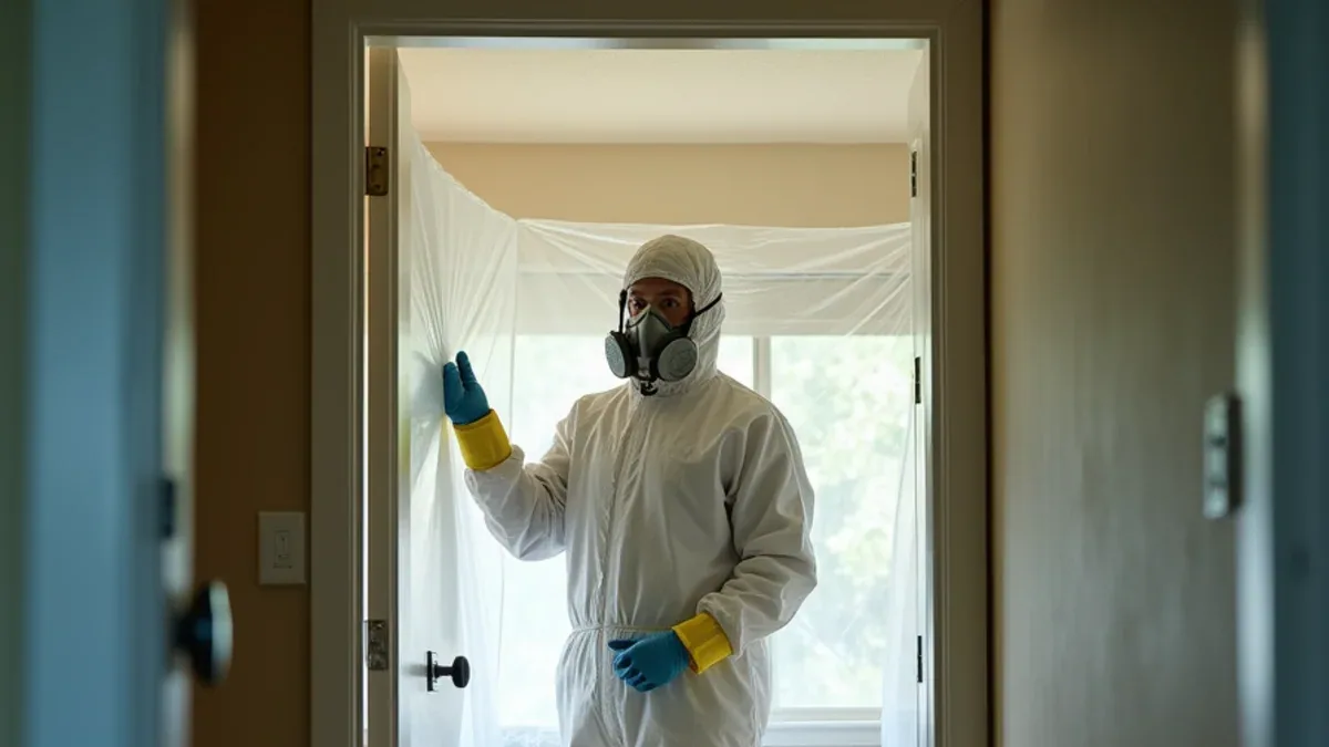 Sewage cleanup technician in full PPE setting containment in a Lafayette CA home after a sewer backup