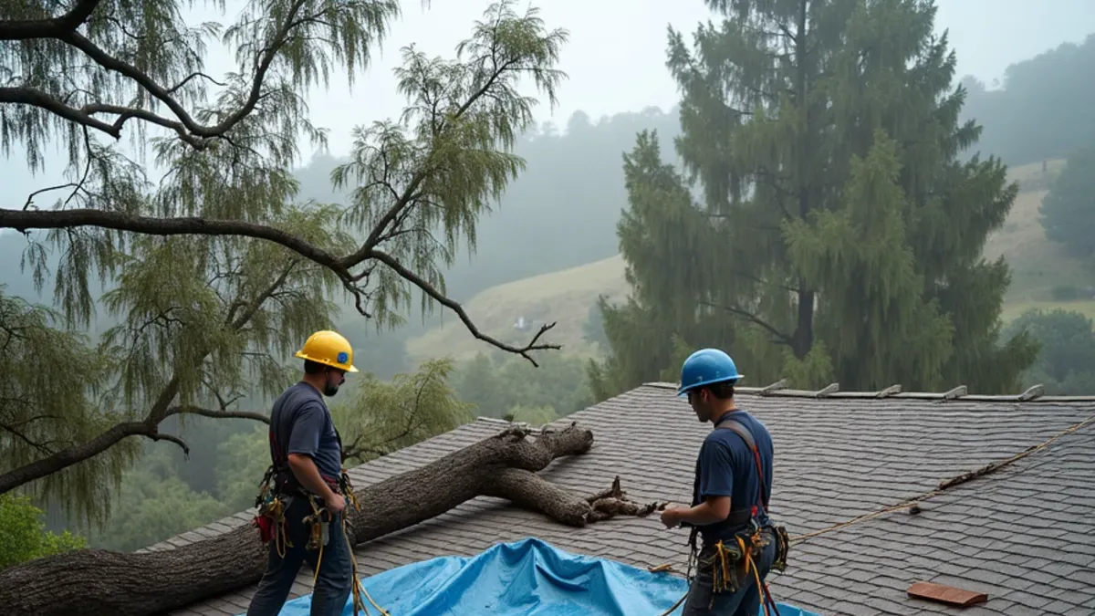 Crew installing emergency roof tarping on a Lafayette CA home after a winter storm brought down an oak limb