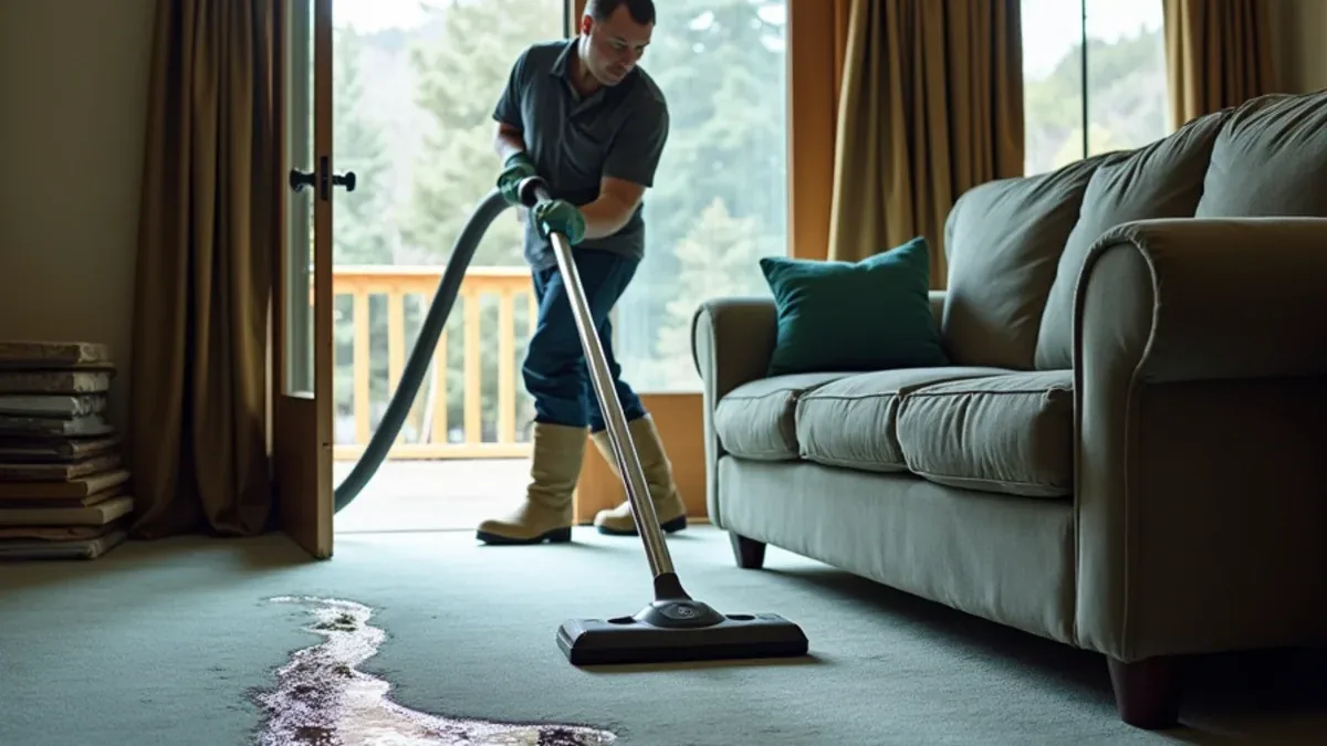 Technician using a truck-mounted extraction wand on soaked carpet in a Lafayette CA home