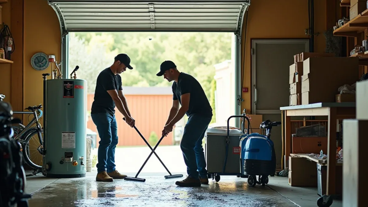 Restoration crew extracting water from a flooded attached garage after a water heater failure in Lafayette CA